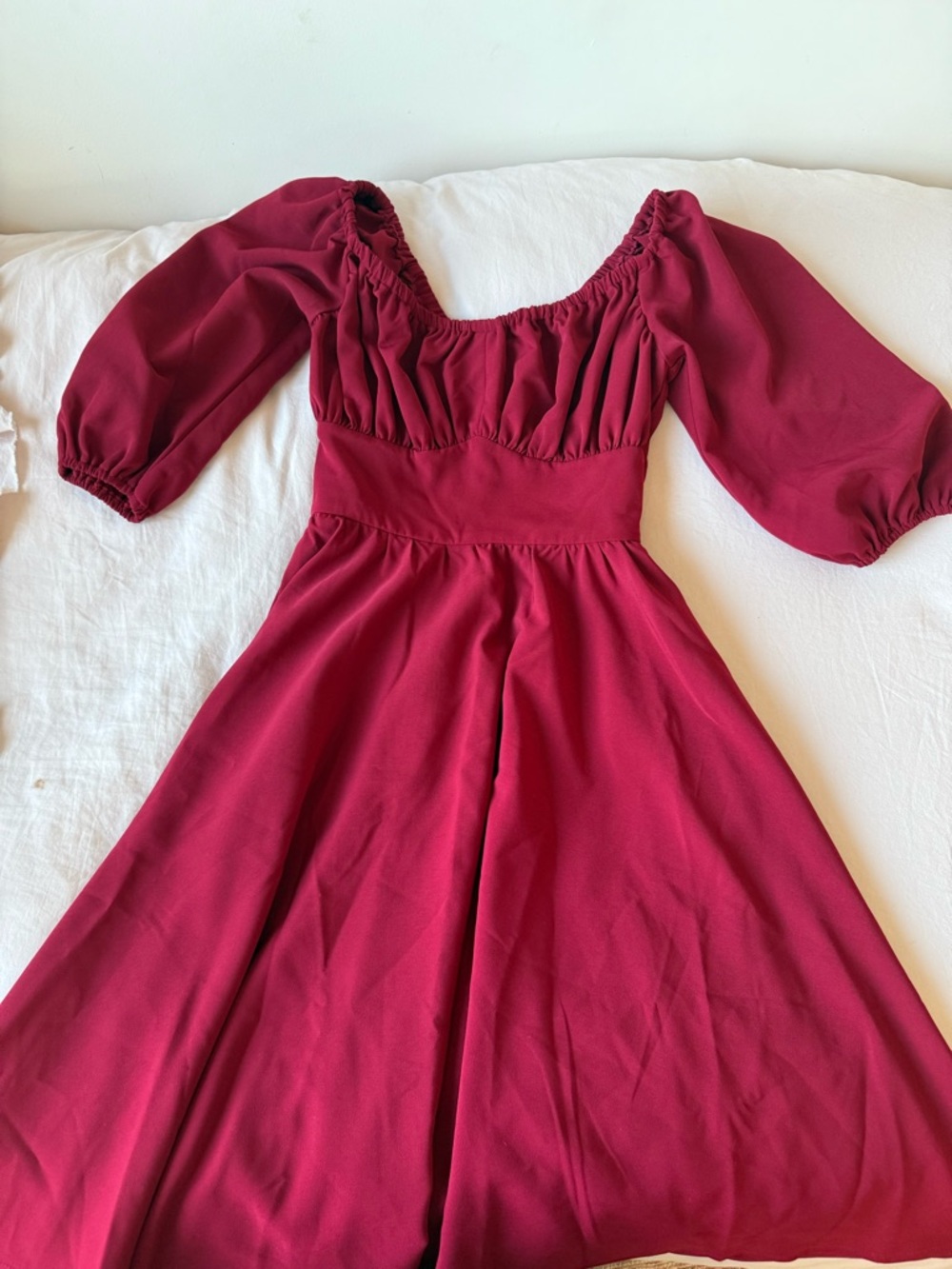 Vixen by Micheline Pitt Burgundy Puff-Sleeve A-Line Dress